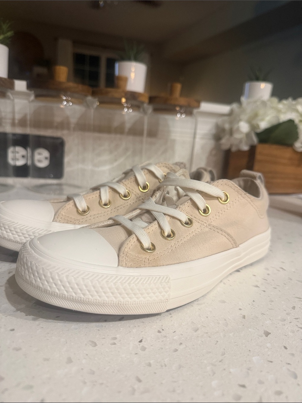 Beige Low-Top Kids Canvas Sneakers with White Toe